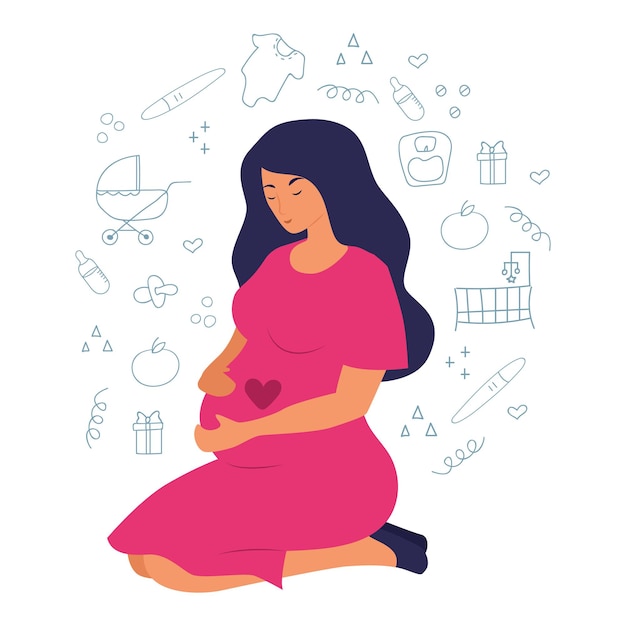 Premium Vector | Pregnancy woman and hand drawn doodle baby care objects