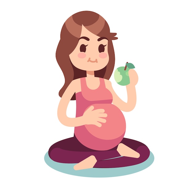 Pregnant eating apple in lotus pose. healthy food and ...