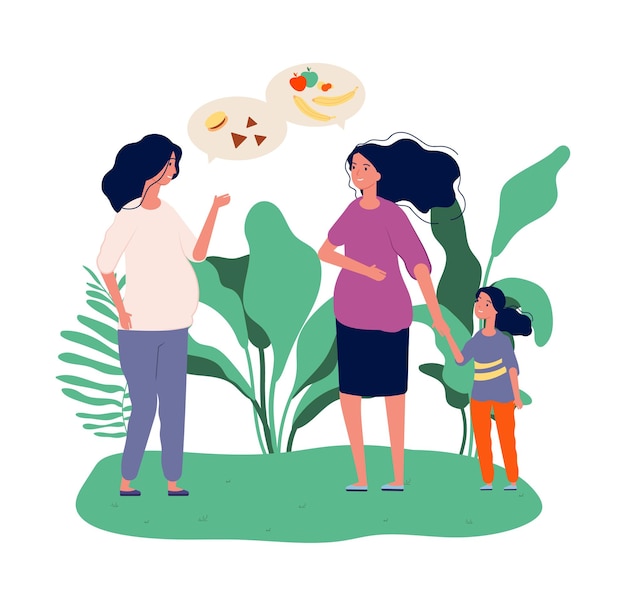 妊娠中の女性 女の子は食べ物について話します 緑の食事 新鮮な果物 野菜 漫画フラットイラスト プレミアムベクター
