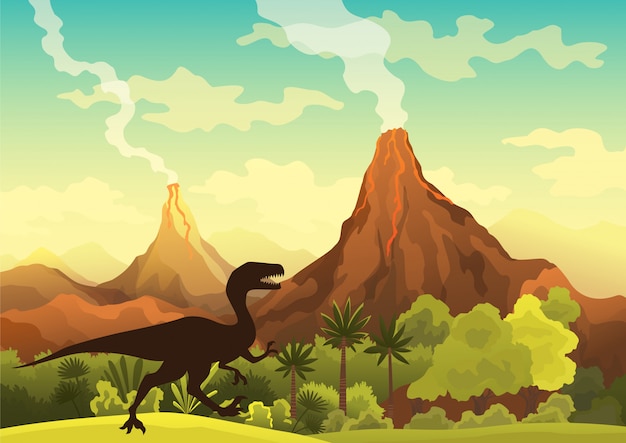 Premium Vector Prehistoric Landscape Volcano With Smoke Mountains Dinosaurs And Green Vegetation Illustration Of Beautiful Prehistoric Landscape And Dinosaurs