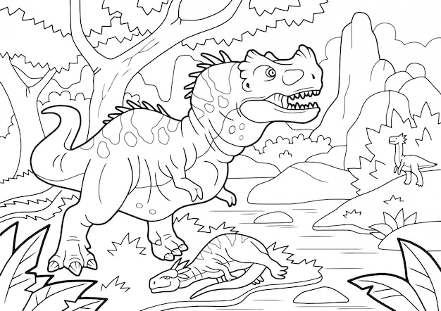 先史時代の略奪恐竜ケラトサウルス 狩猟 塗り絵 プレミアムベクター