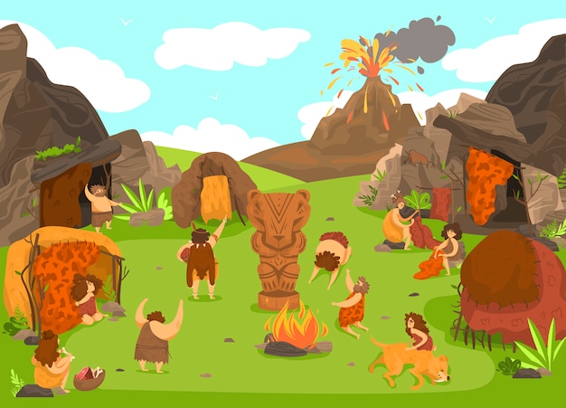 先史時代の原始人の集落 石器時代の部族の漫画のキャラクター 火山の噴火 イラスト プレミアムベクター