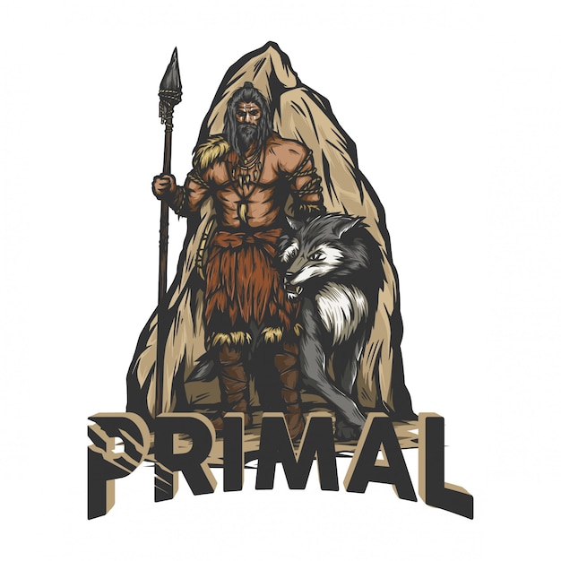 Prehistoric warrior standing with a wolf Premium Vector