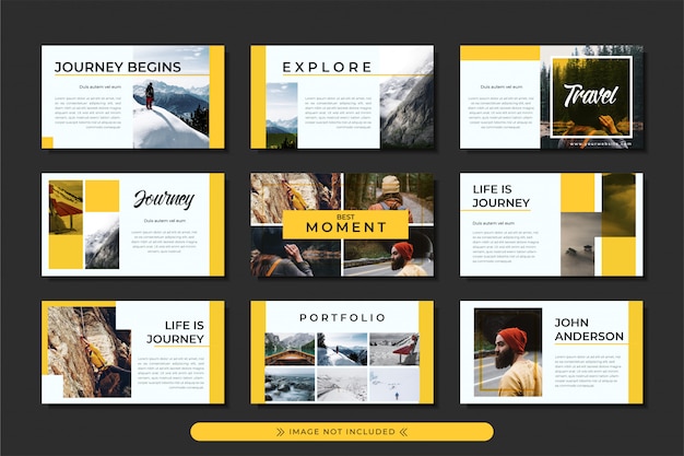 Presentation travel and adventure powerpoint template with yellow stripe motive, for business and tr