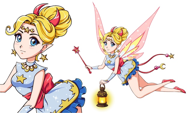 ランタンと魔法の杖を持つかわいいアニメの妖精 ブロンドの髪とカラフルなドレス 手描きイラスト プレミアムベクター