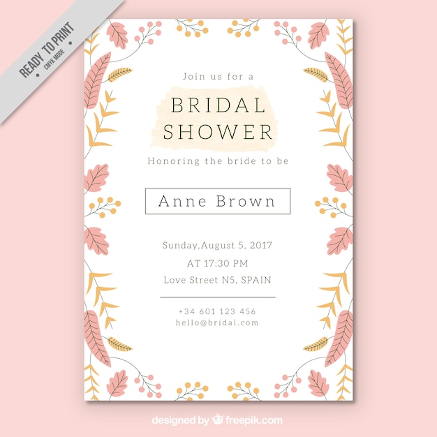 Free Vector Pretty Bridal Shower Invitation Template With Colored Flowers