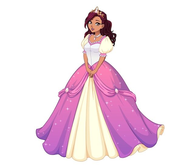 Premium Vector Pretty Cartoon Princess Standing And Wearing Pink Ball Dress Dark Curly Hair Big Brown Eyes