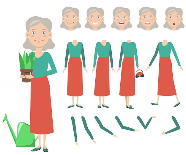 鉢植えのキャラクターセットを持つおばあちゃん 無料のベクター