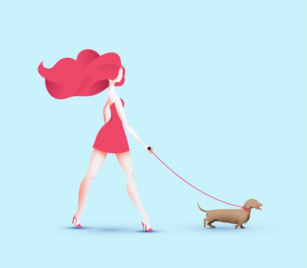 ソーセージ犬を連れて歩いてかわいい赤毛の女の子 プレミアムベクター