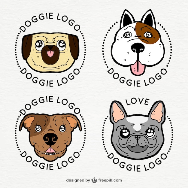 Pretty set of colored dog logos in hand-drawn
style