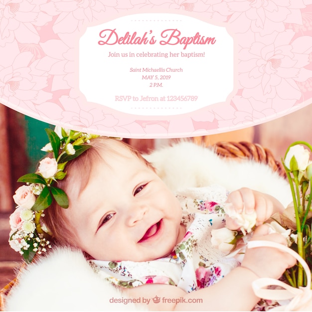 Pretty vintage baptism invitation with\
flowers