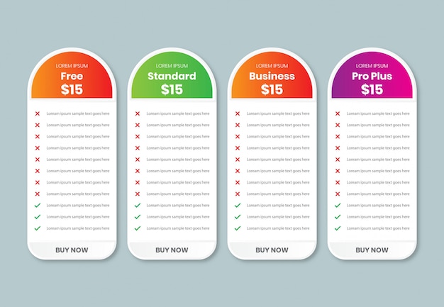 4列の価格表比較テンプレート ビジネスの価格表デザイン グラフ計画カラーテンプレート プレミアムベクター