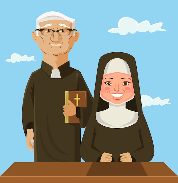 司祭と修道女 ベクトルフラット漫画イラスト プレミアムベクター