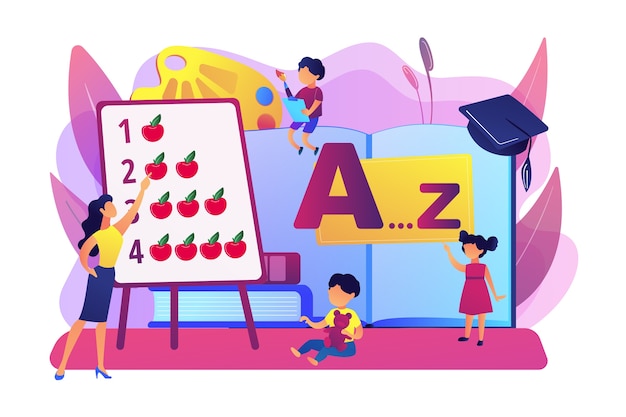 小学校 算数とアルファベットを勉強している小学生 幼児教育 幼児教育プログラム 幼児教育センターのコンセプト 明るく鮮やかな紫の孤立したイラスト 無料のベクター