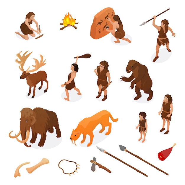 Primitive Cooking with Fire Set Up Primitive people life isometric set with hunting weapons 