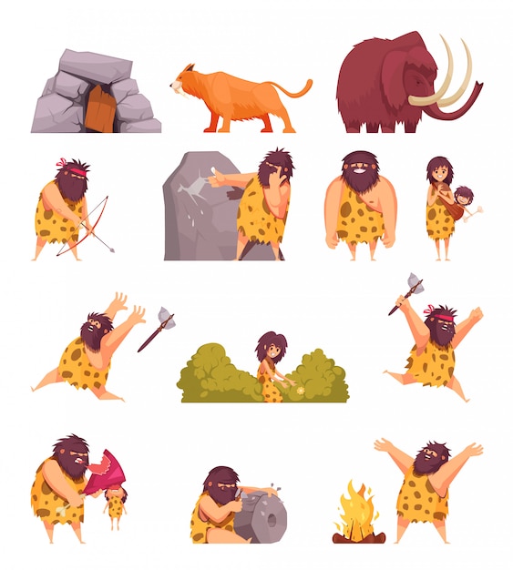 Free Vector | Primitive people in stone age cartoon icons set with