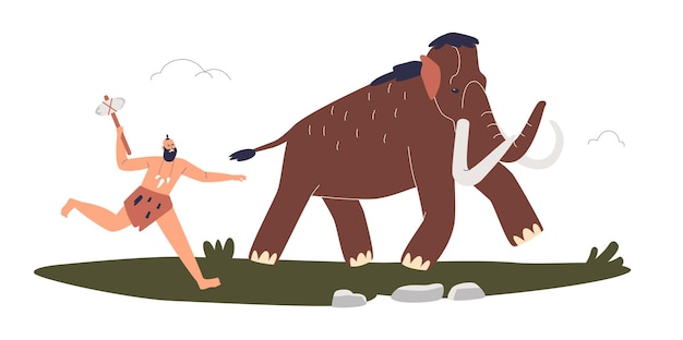 マンモスで狩りをしている原始的な石器時代の男 穴居人のハンターが部族の食べ物と骨のために巨大な動物を追いかけています 漫画フラットベクトルイラスト プレミアムベクター