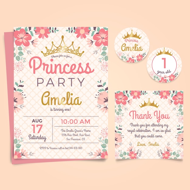 Download Princess Birthday Invitation with Crown and Flowers Vector ...