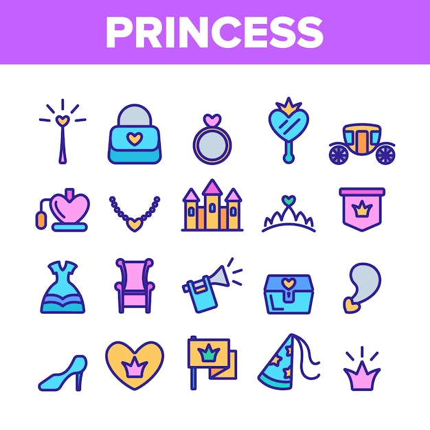 Princess elements icons set | Premium Vector
