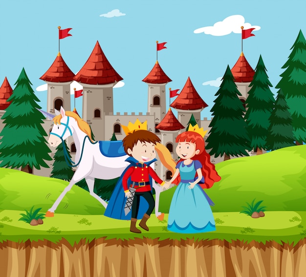 Princess and prince at the castle | Premium Vector