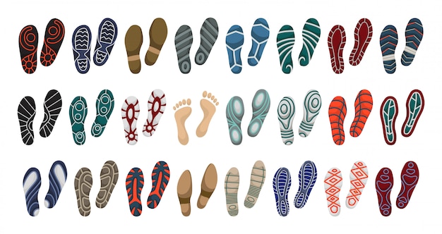 プレミアムベクター 靴ベクトル漫画の印刷アイコンを設定します 靴底のベクトルイラスト印刷 分離設定アイコンのフットプリントの足