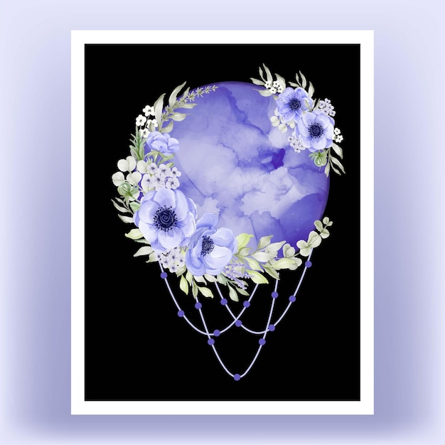 印刷可能なウォールアートのイラスト 水彩の夢満月紫アネモネの花 無料のベクター