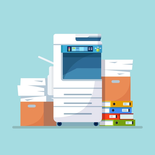 Premium Vector | Printer, office machine with paper, document stack in ...