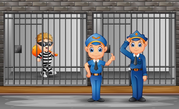 Premium Vector | Prisoner in the jail being guarded by prison guards