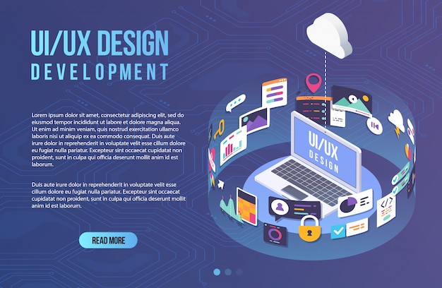 The process of developing interface for laptop. flat design template for mobile app and website design development with included ui ux elements. Premium Vector