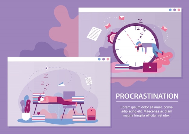 Procrastination metaphor text cartoon banner set Premium Vector