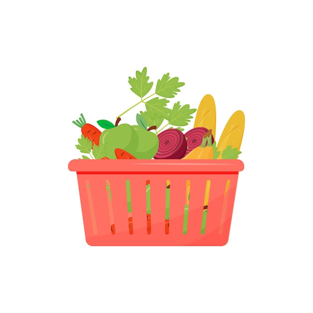 買い物かごの漫画イラストの製品 バゲット 果物や野菜のフラットカラーオブジェクト ベーカリーと有機農産物 パン 白い背景で隔離の野菜 プレミアムベクター