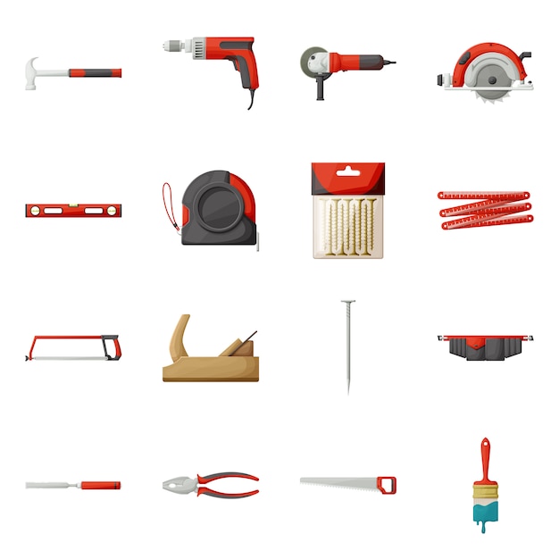 Profession equipment for construction  cartoon icon set. Premium Vector