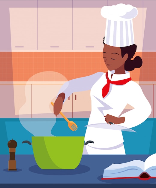 Premium Vector | Professional chef female in kitchen cooking