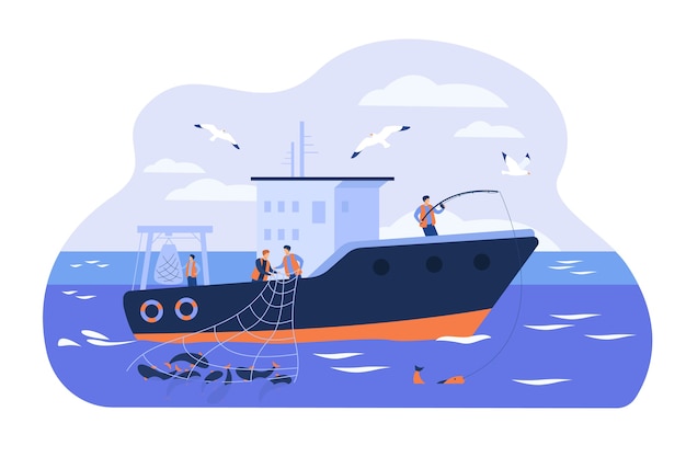 Free Vector | Professional fishermen working in vessel isolated flat