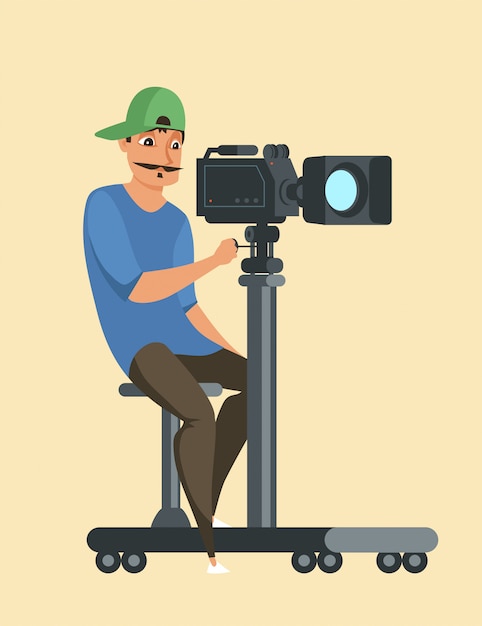 仕事のキャラクター キャップの漫画ビデオカメラ男 男性カメラマンが描くプロの写真家 映画撮影機材 Tv撮影工程 プレミアムベクター