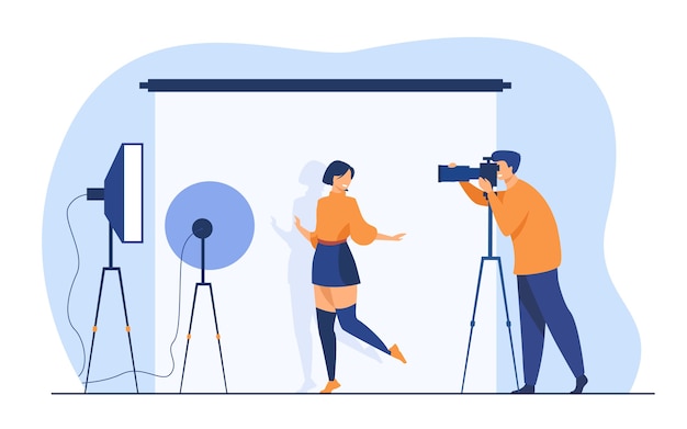 Professional photographer taking pictures of young woman. female model posing for camera against white backdrop among studio light. vector illustration for photo shooting, photography concept Free Vector