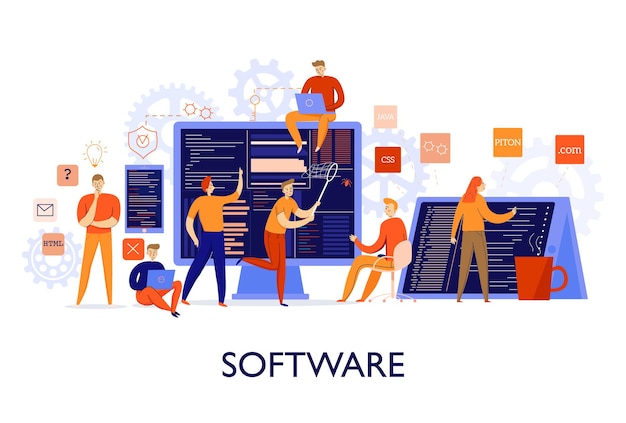 Professional programmers configuring software colorful flat illustration Free Vector