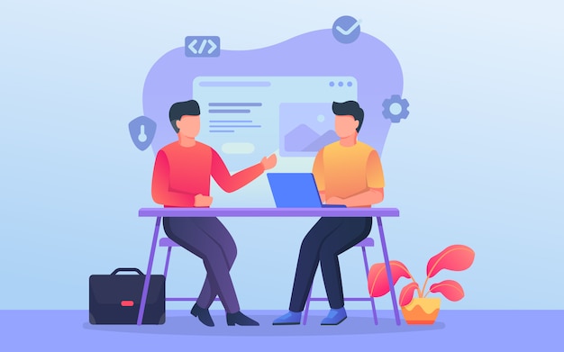 Premium Vector | Programmer or developer discussion team when work on  office with related background theme