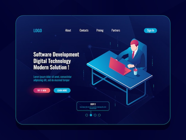 Programmer and engineering development isometric icon, man sitting at a table, software develop Free Vector