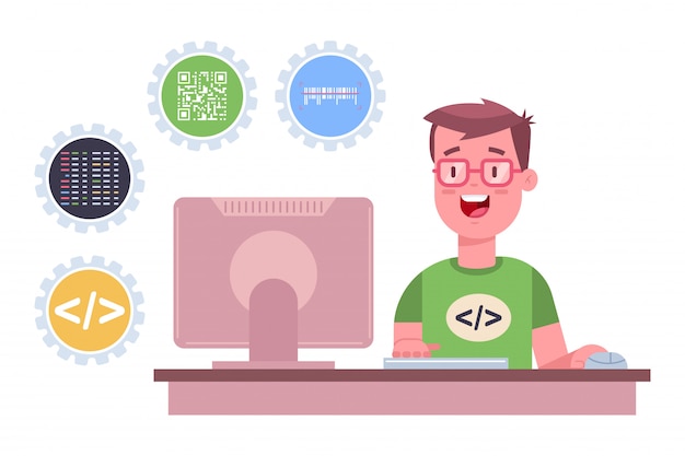 Programmer is working on the software. cartoon flat illustration of a