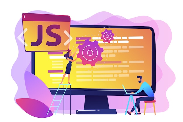 Programmers using javascript programming language on computer, tiny people. javascript language, javascript engine, js web development concept. bright vibrant violet  isolated illustration Free Vector