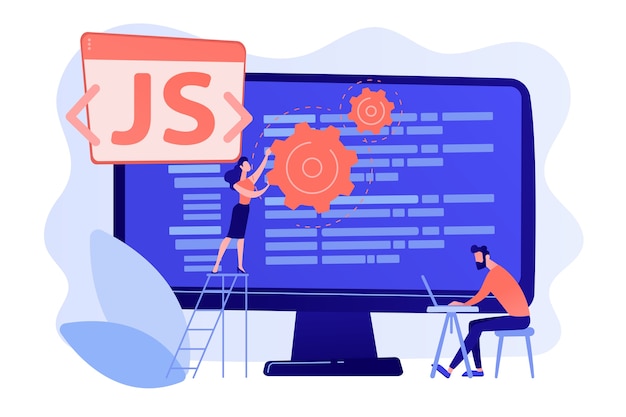 Programmers using javascript programming language on computer, tiny people. javascript language, javascript engine, js web development concept Free Vector