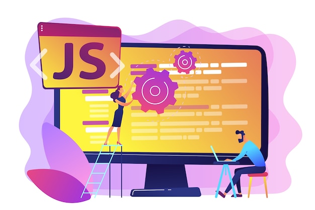 コンピューターでjavascriptプログラミング言語を使用しているプログラマー 小さな人々 Javascript言語 Javascriptエンジン Jsweb開発コンセプト 明るく鮮やかな紫の孤立したイラスト 無料のベクター