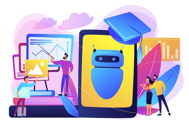 Programmers with charts make chatbot learn data from past results. chatbot self learning, virtual assistants learning, ai machine learning concept. bright vibrant violet isolated illustration Free Vector