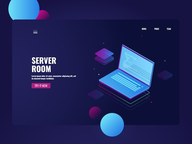Programming and development software, coding process, open laptop with code line Free Vector