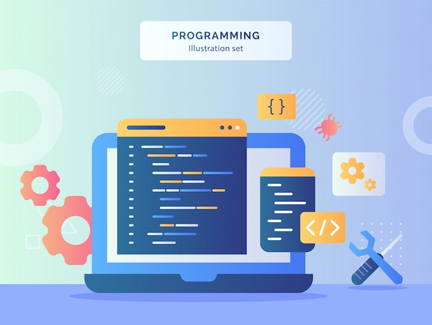 プログラミングイラストは フラットスタイルのメカニックシンボルレンチドライバーギアバグのディスプレイモニターラップトップ背景にコーディング言語プログラムを設定します プレミアムベクター
