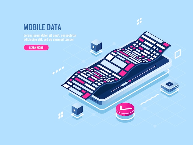 Programming mobile software isometric icon, development application of mobile phone Free Vector