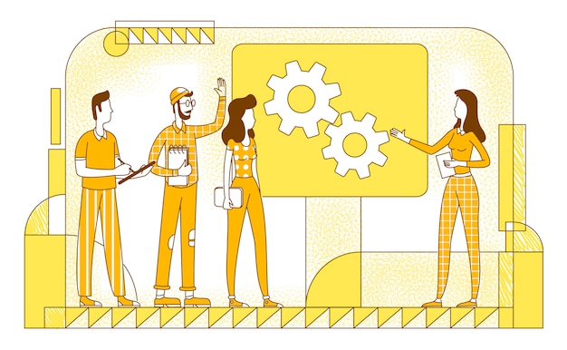 プロジェクトプレゼンテーションフラットシルエットイラスト 会社の従業員は黄色の背景に文字を概説します ビジネスミーティング 企業計画 オフィスブリーフィングシンプルスタイル描画 プレミアムベクター