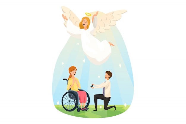 保護 障害 サポート 宗教 結婚式 キリスト教の概念 天使の聖書のキャラクター は 障害を持つ女性の女の子に結婚の提案をする若い男の男に満足しています 神は良いニュースの喜びを助ける プレミアムベクター