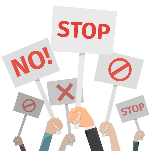 Protest concept. hands holding different signs, no and stop, cross and forbid. Free Vector